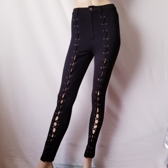 Shinestar Black Front Lace Up Skinny Jeggings Pant - Picture 5 of 5
